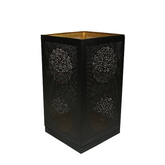 17" Black & Gold Moroccan Style Floral Cut-Out Pillar Candle Lantern